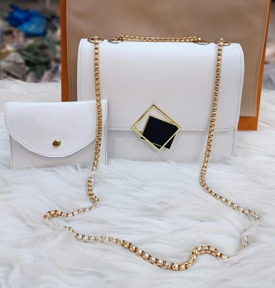 2 Pcs Leather Hand Bag With Long Golden Chain