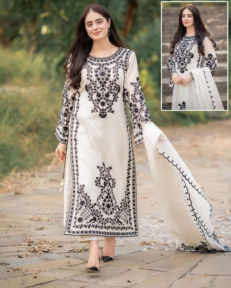 3 Pcs Women's Stitched Embroidered Suit